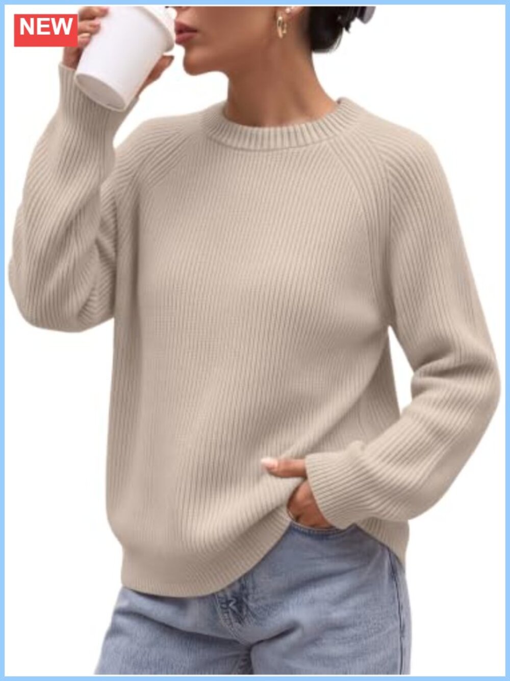 Womens Crew Neck Raglan Sleeve Pullover Sweater Soft Knit Casual Workwear